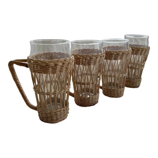 Vintage Tall Wicker Glasses- Set of 4 For Sale