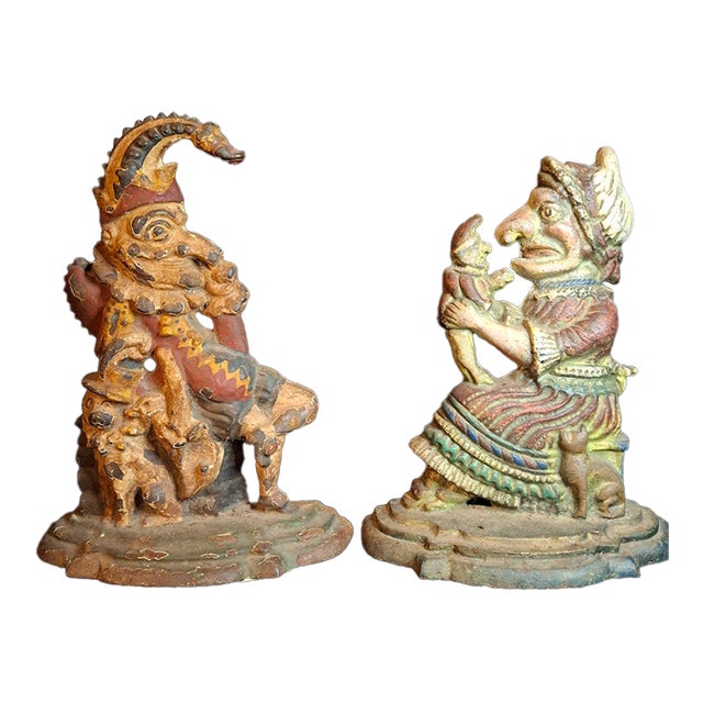 Antique Early 20th-Century Cast Iron "Punch & Judy" Figural Doorstops - A Pair For Sale