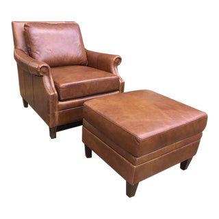 Transitional Brown Leather Chair & Ottoman Set -2 Pieces For Sale