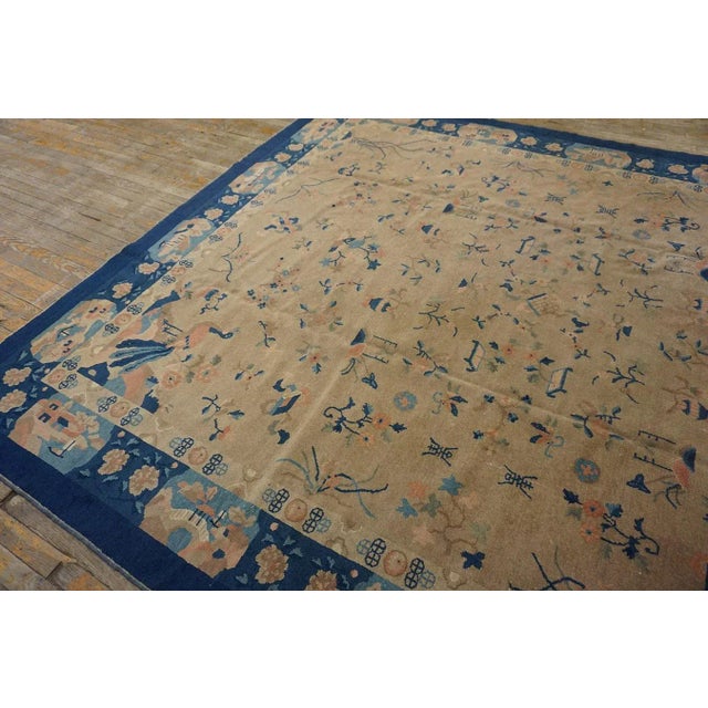 Textile 1920s Camel Floral Geometric Antique Chinese Peking Carpet 8'2" X 9'9" Handknotted Wool Rug For Sale - Image 7 of 12
