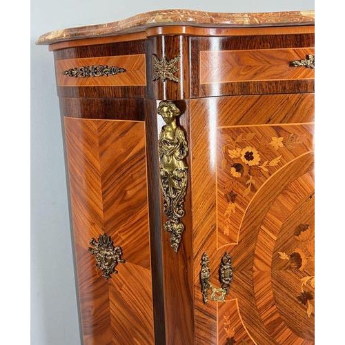 Vintage French Inlaid Cabinet with Brass Ormolu and Marble Top For Sale - Image 5 of 17