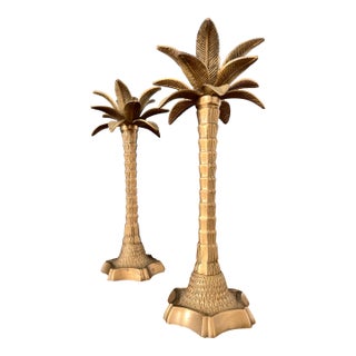Vintage Brass Palm Tree Candlesticks, Sculptural Tropical Form, Mid-Century For Sale