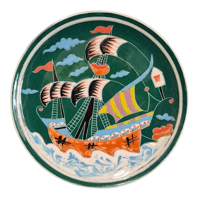 Vintage Turkish Colorful Majolica Sailing Galleon Ship Wall Plate Marked "Beste" For Sale