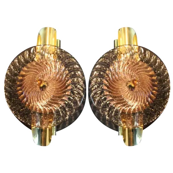 Large Disc-Shaped Wall Lights in Light Purple and Golden Murano Glass, 2000, Set of 2 For Sale
