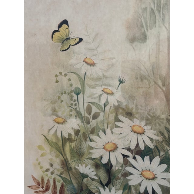 Vintage 1970s botanical floral print by F. Massa, featuring a delicate woodland arrangement of white daisies, ferns, leafy...