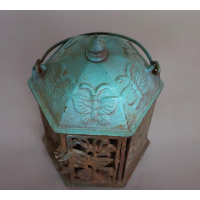 Verdigris Vintage Japanese Cast Iron Butterfly Outdoor Lantern, Mid-Century Tea Garden Decor For Sale - Image 8 of 10