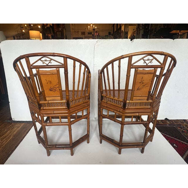 Chippendale Rattan & Bamboo Armchairs With Bird Decoration -a Pair For Sale - Image 3 of 10