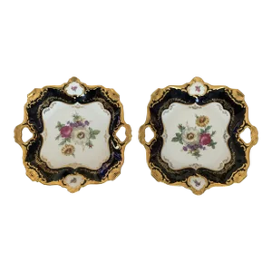 1950s German Bavaria Alka Kunst Kaiser Cobalt Blue Hp Porcelain Platters with Gilded With 22k Antique Gold Trim- a Pair