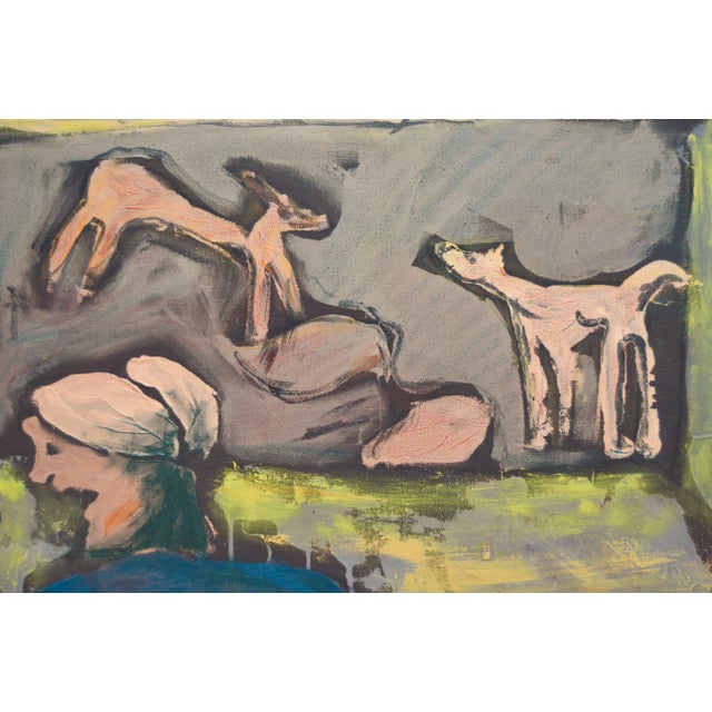 Bold and expressive painting of two people coversing in a theater, with a silhouette of a third figure in the foreground,...