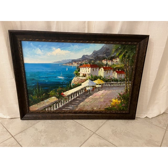Textile Mid 20th Century Signed Original Oil Painting 29.5"x41" Mediterranean Coast For Sale - Image 7 of 9