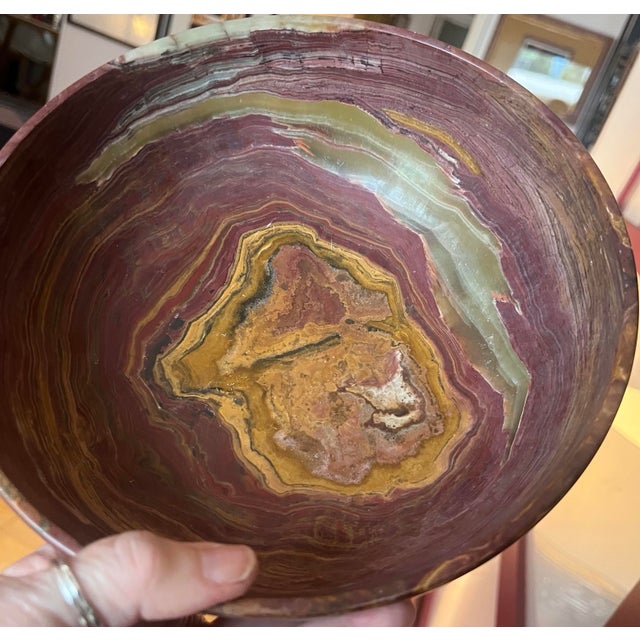 Mid-Century Modern Vintage Deep Red-Hued, Green, and Browns Onyx Turned Decorative Bowl For Sale - Image 3 of 5