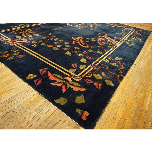 Textile Beautiful Botanical Pattern With Navy Background Color Antique Chinese Art Deco Rug For Sale - Image 7 of 12