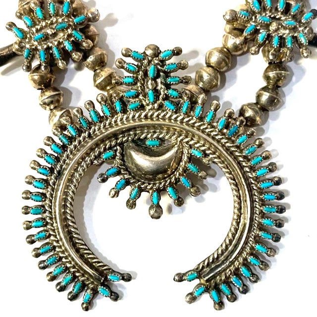 Mid 20th Century Vintage Zuni Squash Blossom Sterling Silver Turquoise Necklace With Earrings Set For Sale - Image 5 of 12