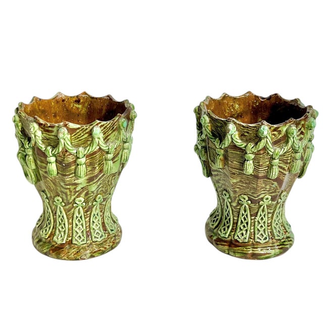 Early 20th Century Pair Antique French Majolica Glazed Terracotta Jardinieres With Rope and Tassel Design For Sale - Image 5 of 17