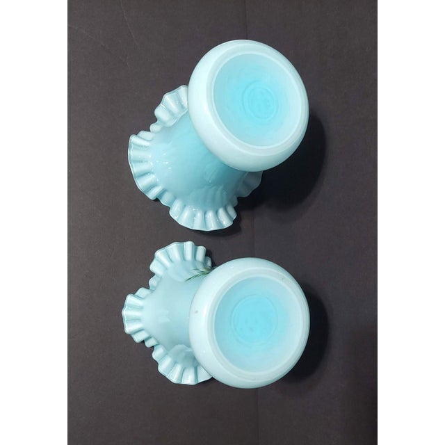 Pair of Antique Blue Opaline Bristol Glass Vases Ruffled Edge Hand Painted Matching Mantel For Sale In Greensboro - Image 6 of 10