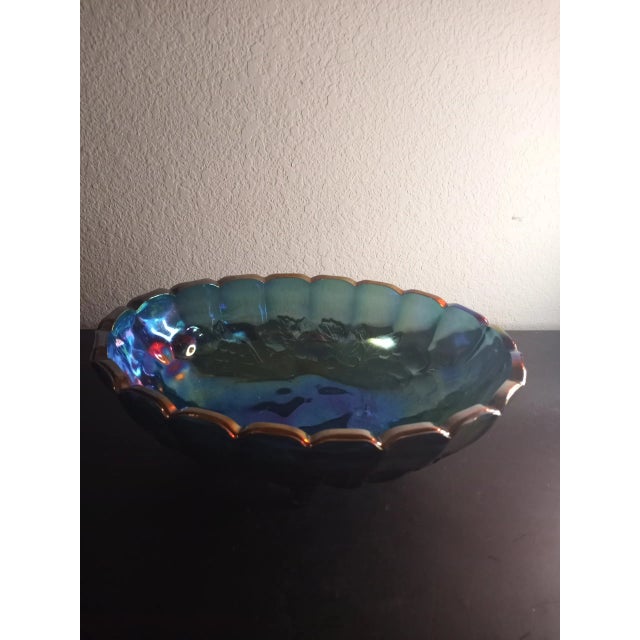 1940s Indiana Carnival Glass Iridiscent Harvest Pattern Footed Oval Bowl For Sale In Dallas - Image 6 of 8