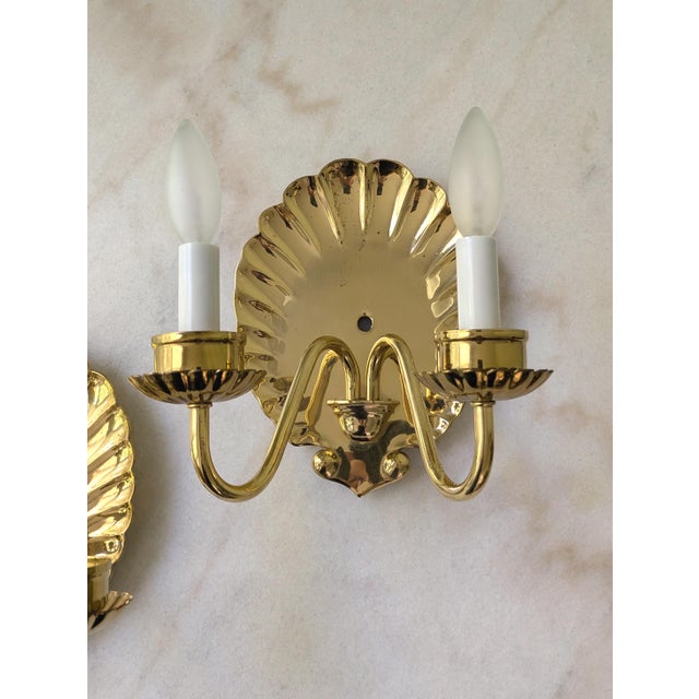 Brass Mid Century Hollywood Regency Style Brass Shell Two Light Electric Wall Sconce - A Pair For Sale - Image 8 of 11