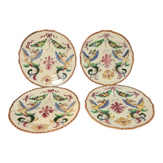 Antique Italian Faience Hand Painted Dragons Florentine Plates- Set of 4 For Sale