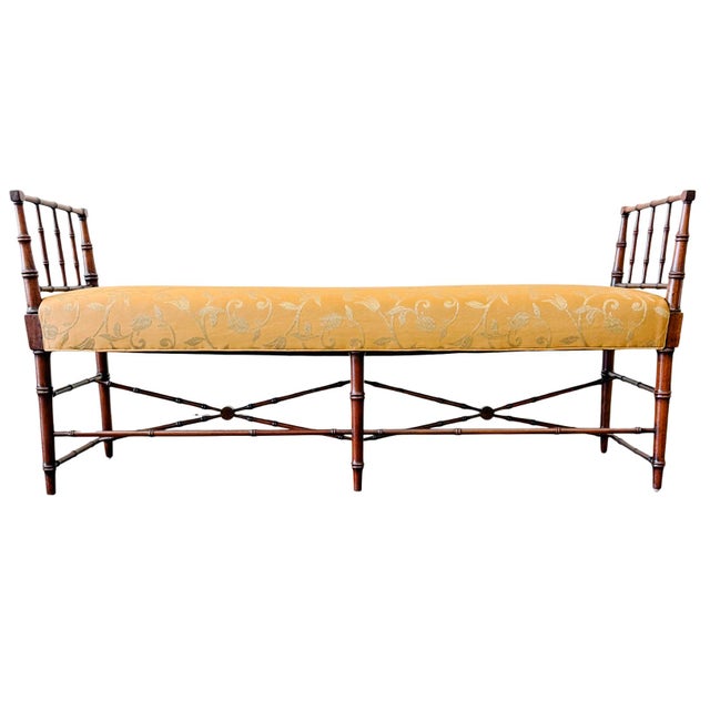 1960s French Regency Faux Bamboo Window Bench in Gold Floral Damask For Sale - Image 9 of 9