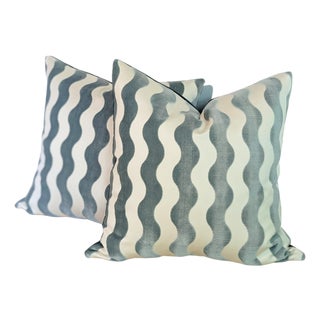 Schumacher Wave Velvet Pillow Covers in Sky- Set of 2 For Sale