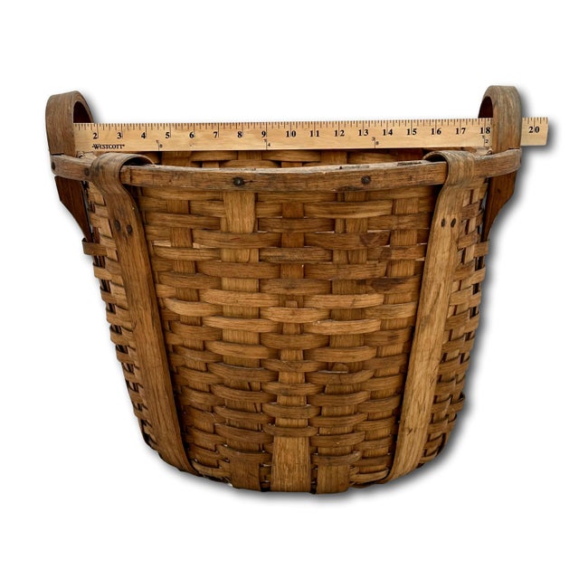 Large Size Substantially Made Antique American Hand Woven Ash Wood Splint Maine Apple Farm Basket For Sale - Image 17 of 18