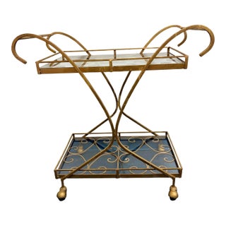 Vintage Hollywood Regency Gilt Metal & Glass Two-Tier Bar Cart or Tea Trolley For Sale