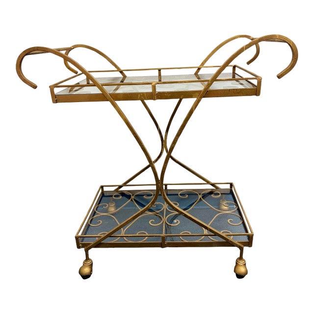 Vintage Hollywood Regency Gilt Metal & Glass Two-Tier Bar Cart or Tea Trolley For Sale