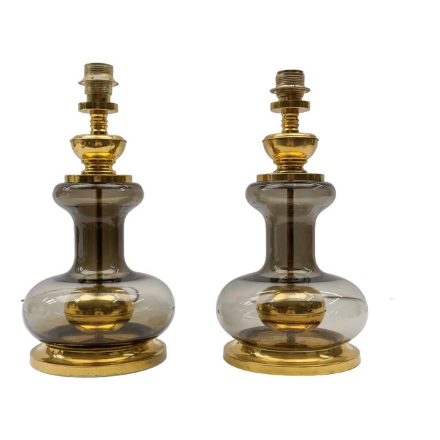 Mid-Century Modern Brass and Smoked Glass Table Lamp Bases, Germany, 1960s, Set of 2 For Sale