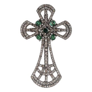 Vintage Inspired Statement Silver Cross Brooch Pendant With Emerald & Diamond For Sale