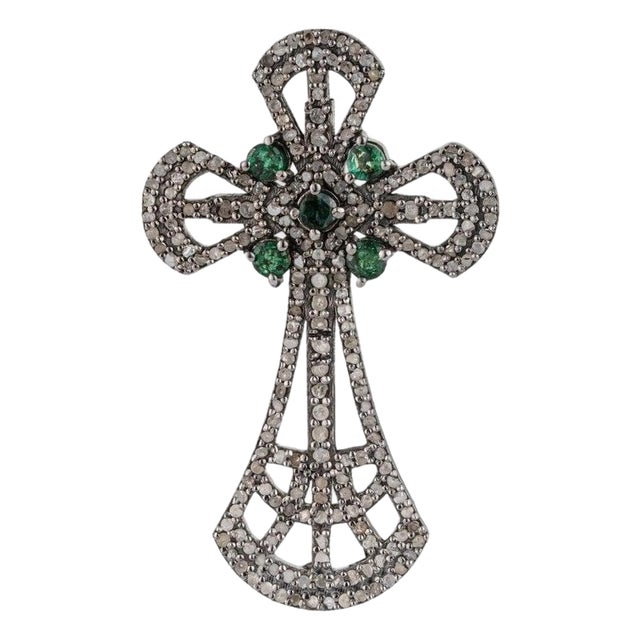 Vintage Inspired Statement Silver Cross Brooch Pendant With Emerald & Diamond For Sale