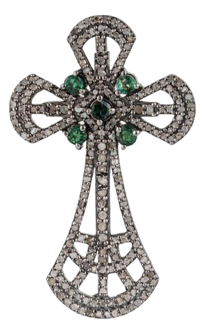 Vintage Inspired Statement Silver Cross Brooch Pendant With Emerald & Diamond