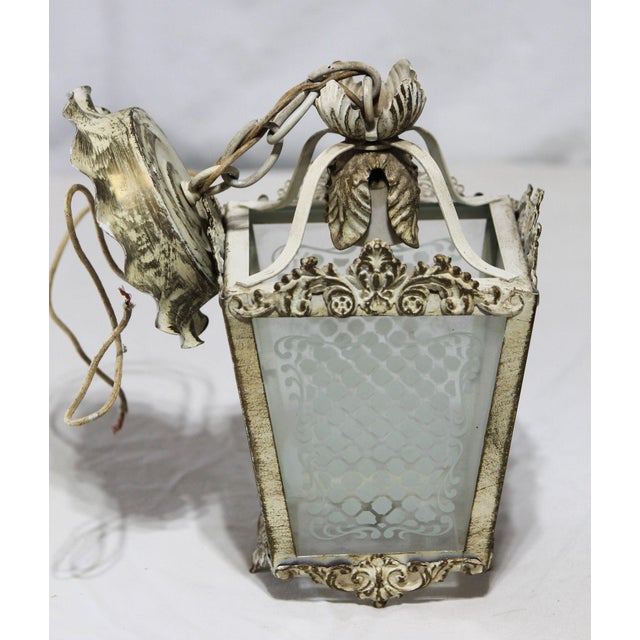 Shabby Chic Vintage Tole and Etched Glass Panel Pendant Lantern For Sale - Image 3 of 12