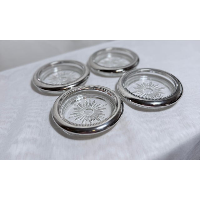 Vintage Sunburst Glass Coasters With Silver Tone Rim – Set of 4 For Sale - Image 9 of 11