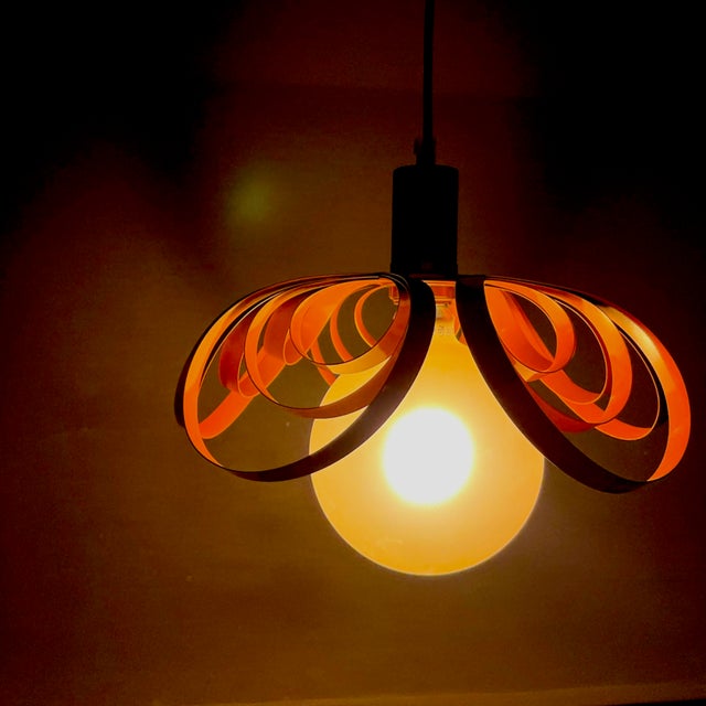Modernist French Orange Metal Ribbon Hanging Lamp, 2000s For Sale - Image 9 of 14