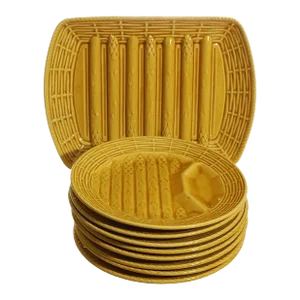 Early 20th Century French Majolica Asparagus Serving Platter & 8 Plate Set Yellow Sarreguemines- 9 Pieces