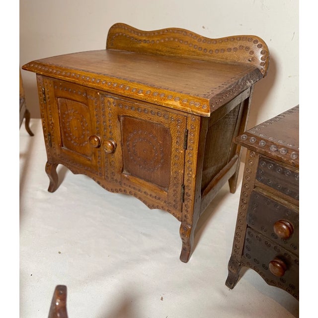 Shabby Chic Set of 8 Antique Handmade Mini Wood Bedroom Set Tramp Art Furniture Dresser Bed Vanity For Sale - Image 3 of 14