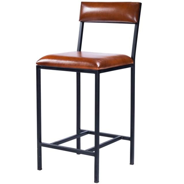 Industrial Lazarus 27 in. Seat Height Leather and Metal Counter Stool, Industrial Chic For Sale - Image 3 of 11