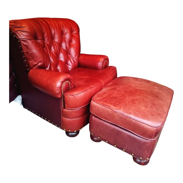 Indulge in the Luxury of This Exquisite Leather Club Writer's Chair and Matching Ottoman by Lane Furniture For Sale