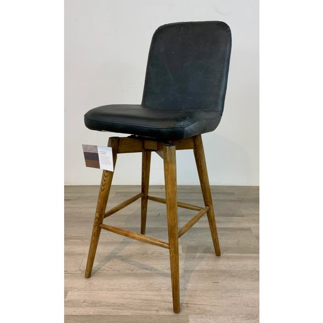 Stylish Modern Smokey Black Leather Bar Stools Set of 3, warm oak finished wood bases, showroom floor samples