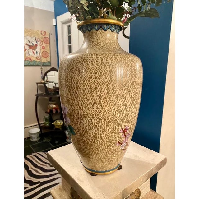 1950s 1950s Large Cloisonné Vase With Bluebirds and Cherry Blossoms For Sale - Image 5 of 13