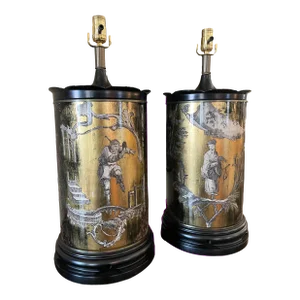 Pair of Late 20th Century Large Chinoiserie Decorated Eglomise Lamps