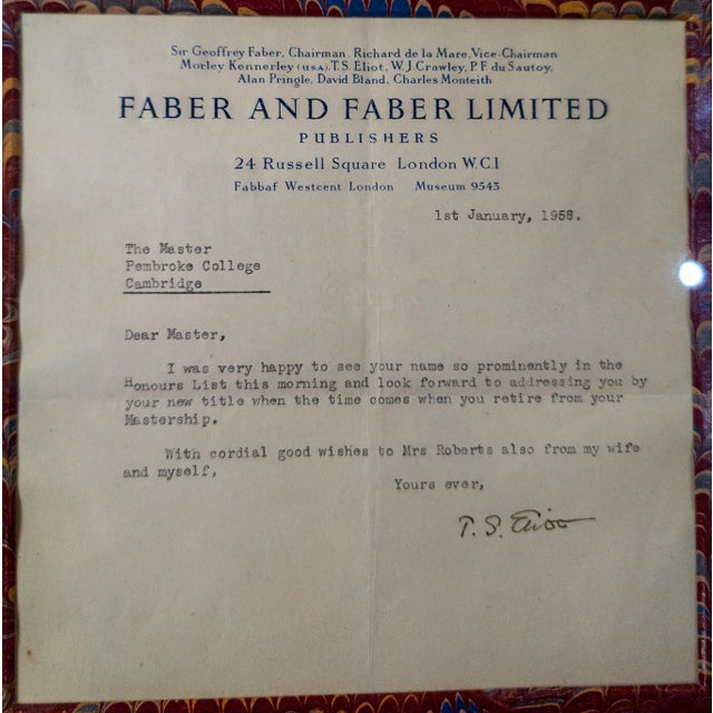 1958 Framed Autographed Letter From Poet T S. Eliot For Sale In New York - Image 6 of 10