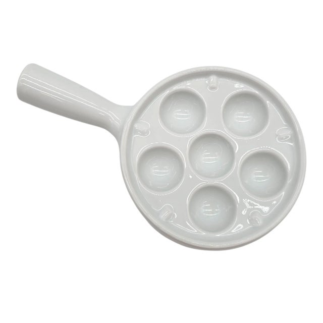 1990s French White Ceramic Escargot Dishes – Set of 2 Classic 6-Well Snail Servers With Handles For Sale - Image 5 of 9