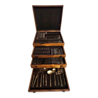 147-Piece Nickel Bronze Flatware Set in Fitted Teak Case, Mid 20th Century For Sale