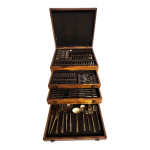 147-Piece Nickel Bronze Flatware Set in Fitted Teak Case, Mid 20th Century