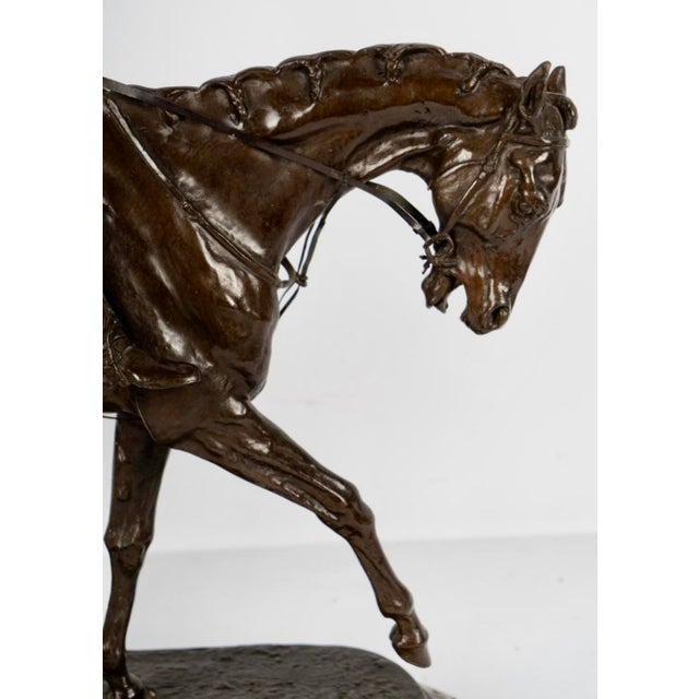 Metal Mid 19th Century Pierre-Jules Mêne Style Equestrian Bronze Sculpture of Rider on Horse With Rouge Marble Base For Sale - Image 7 of 10