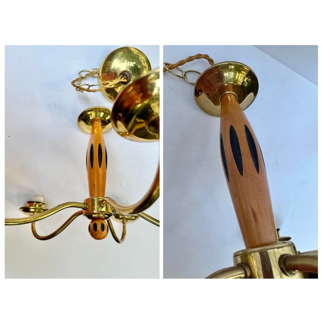 1960s Brass and Wood Midcentury Modern 5-Light Chandelier With Fluted Frosted-Glass Shades For Sale - Image 10 of 12