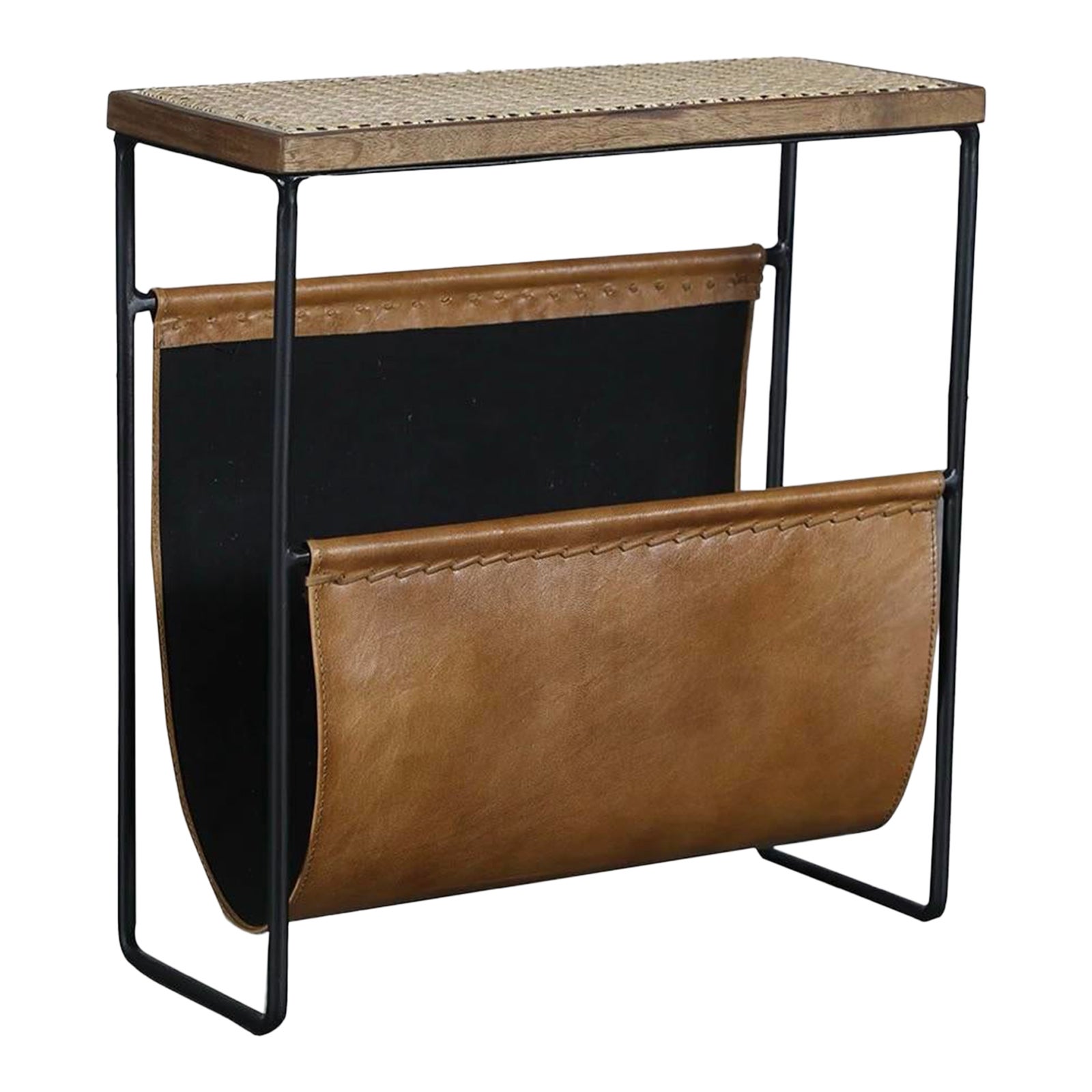 Matthew Izzo Home Leather and Rattan Magazine Rack Side Table | Chairish