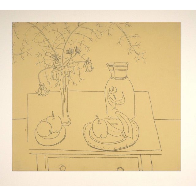 Still life drawing of a vase of flowers, fruit, and carafe on a table top by Achillo “Achi” Sullo (Massachusetts, 1922 –...