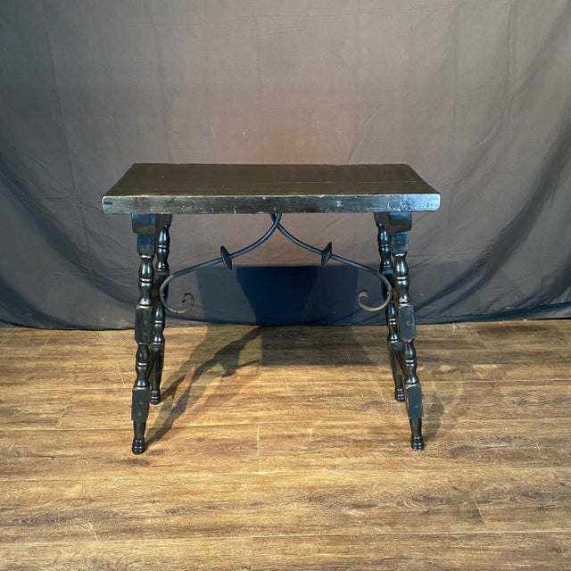 Antique Ebony Spanish Console Table With Curved Wrought Iron Stretchers For Sale - Image 4 of 4
